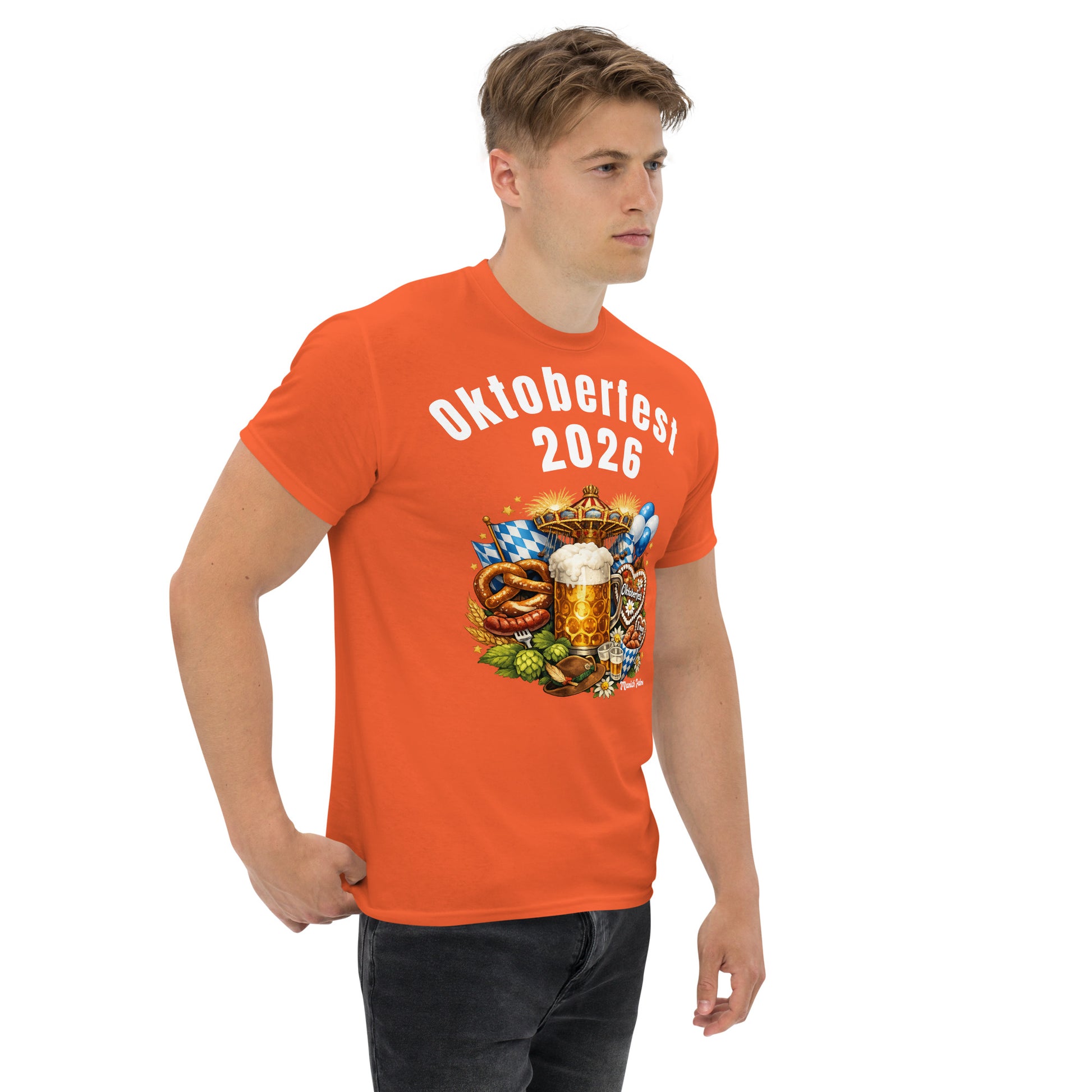 Oranges Unisex-T-Shirt Oktoberfest 2026 München Edition, Vorderseite mit klassischem Design, bequemes Baumwoll-Shirt von Online Kaufhaus München