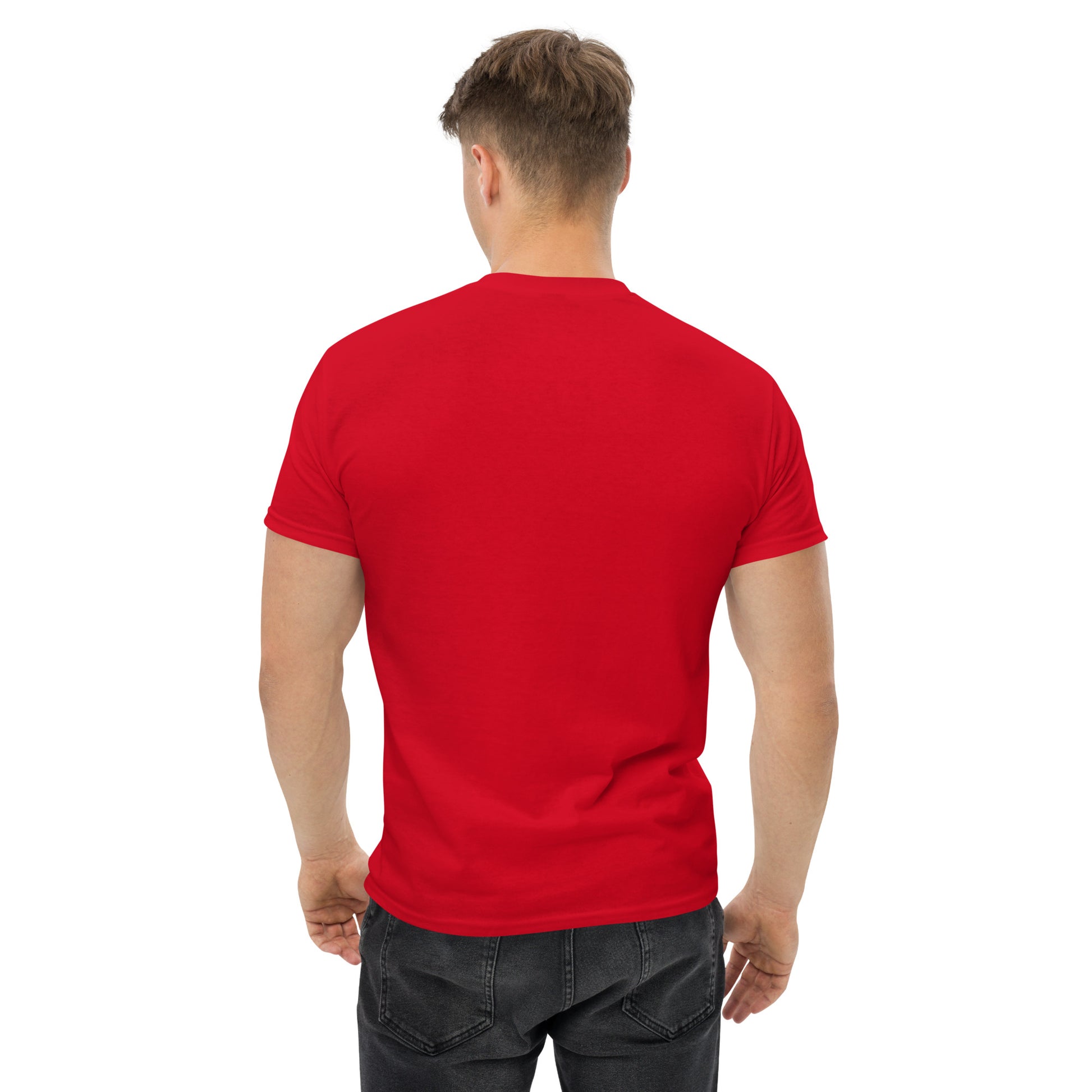Rotes Unisex-T-Shirt Oktoberfest 2026 – München Edition mit klassischem Design, Rückseite sichtbar, von Online Kaufhaus München