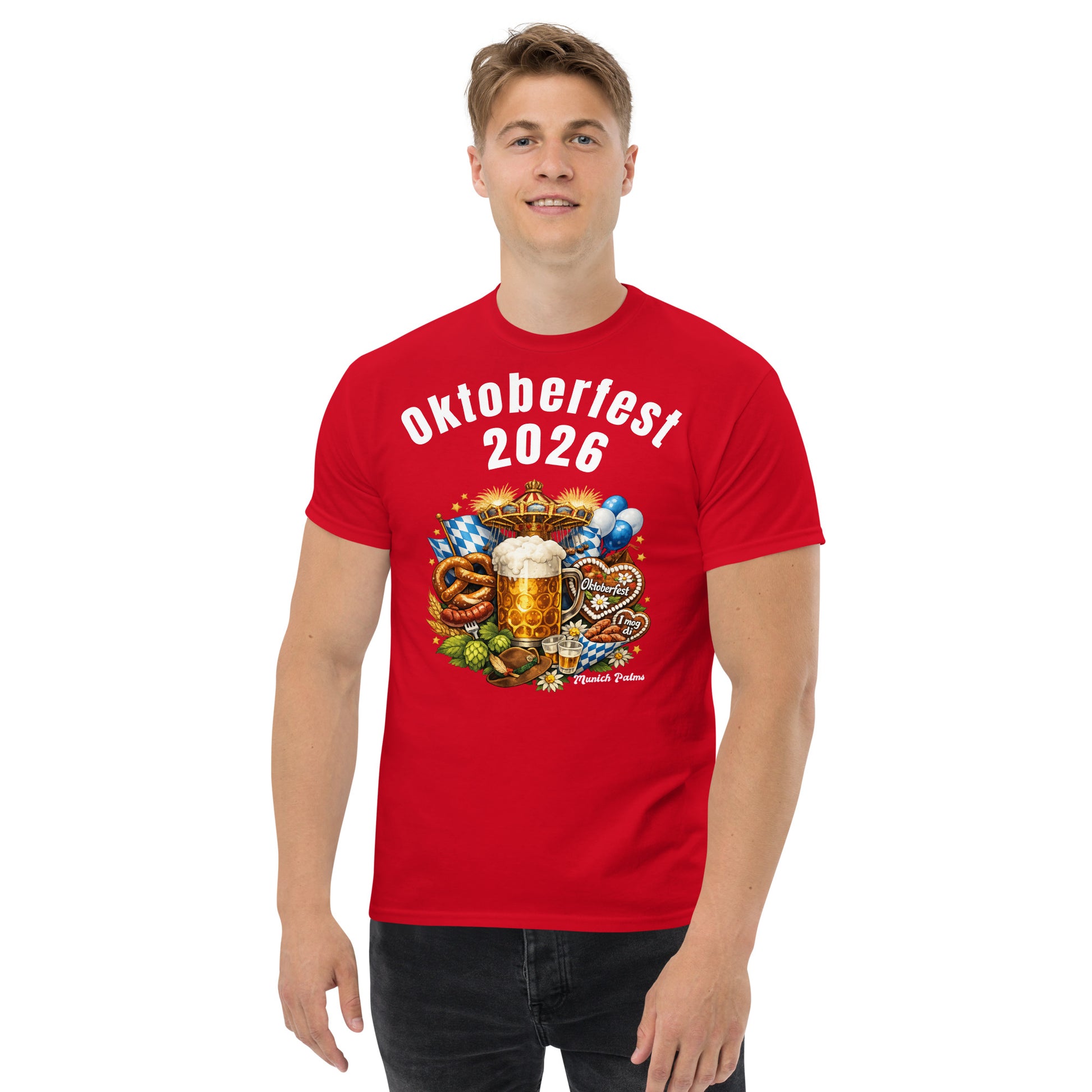 Rotes Unisex-T-Shirt Oktoberfest 2026 München Edition mit klassischem Design, Frontansicht, von Online Kaufhaus München