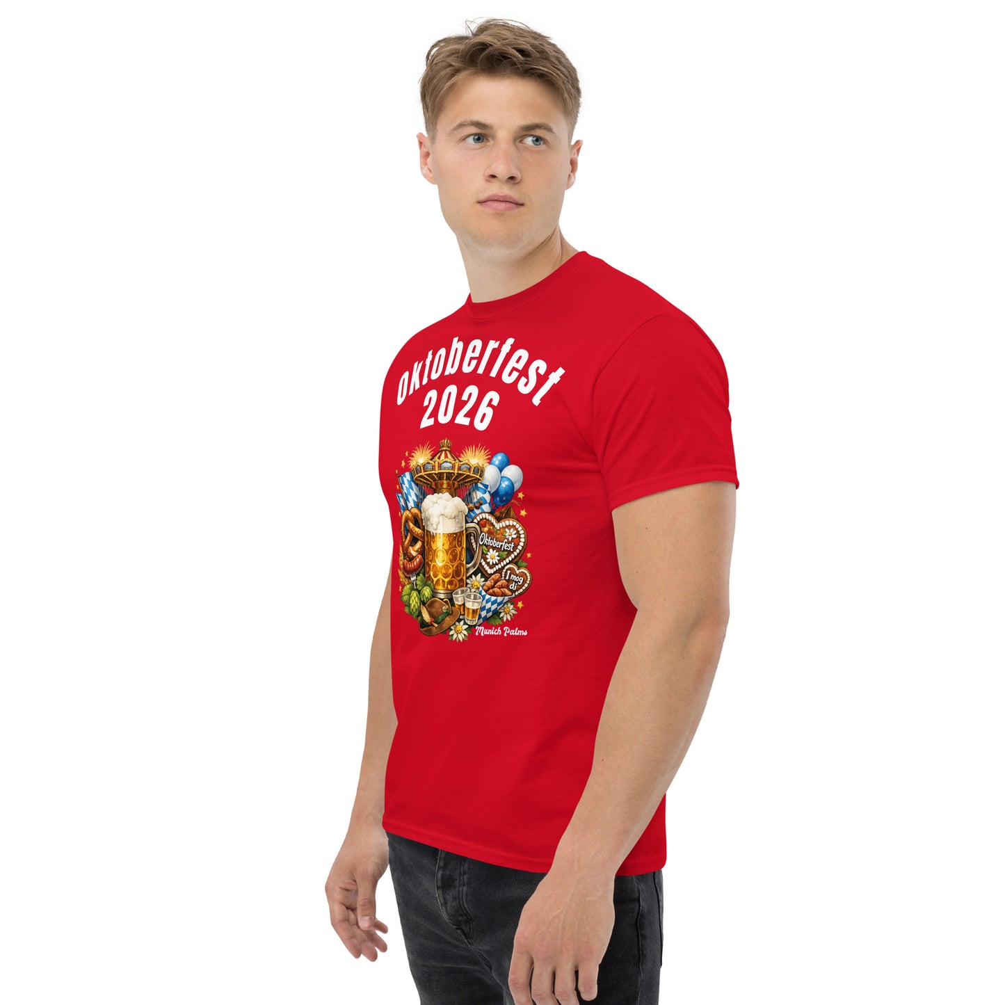 Klassisches rotes Unisex-T-Shirt für Oktoberfest 2026, München Edition, mit schlichtem Design, von Online Kaufhaus München.