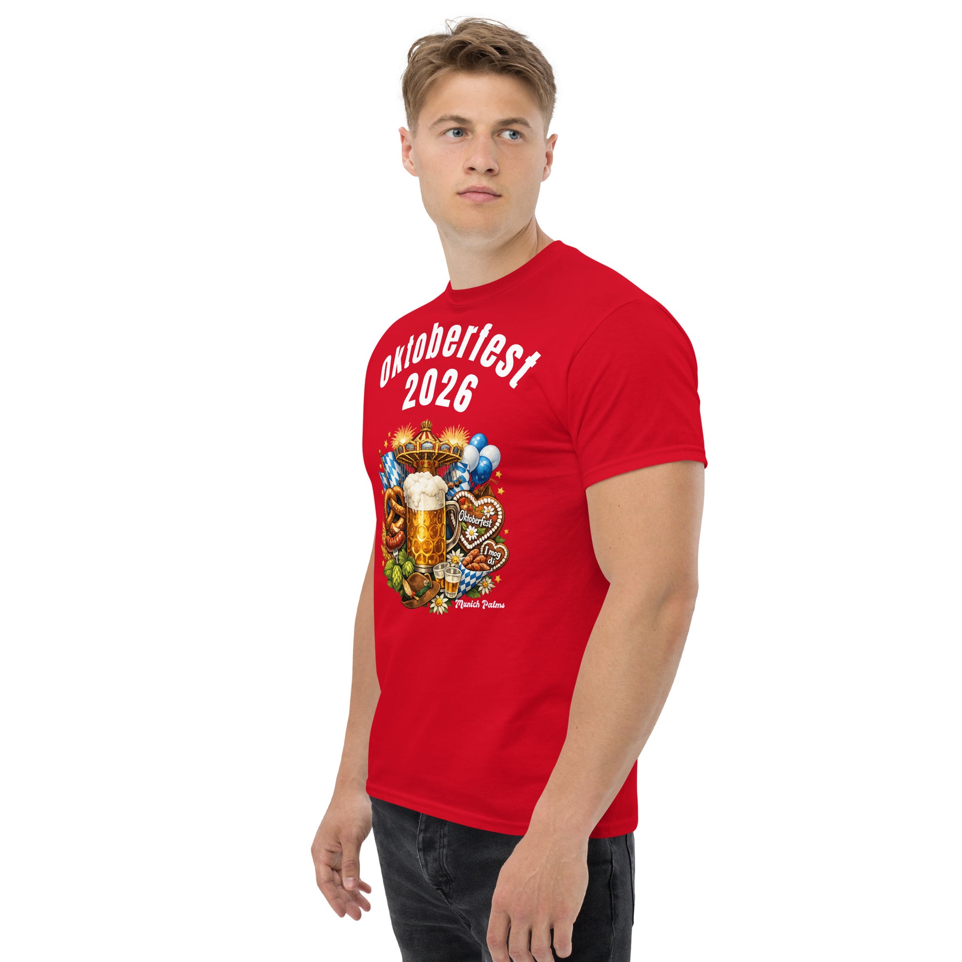 Klassisches rotes Unisex-T-Shirt für Oktoberfest 2026, München Edition, mit schlichtem Design, von Online Kaufhaus München.