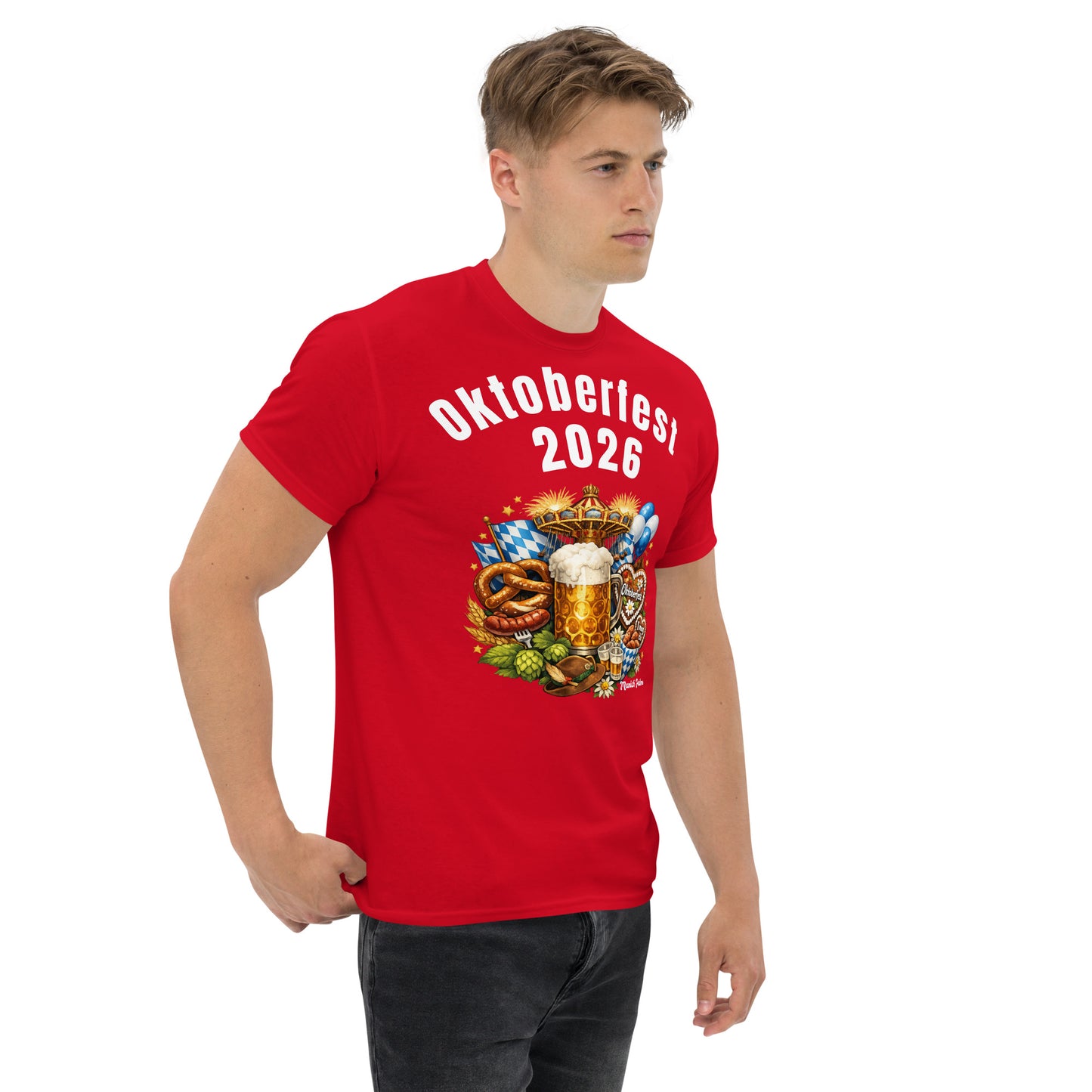 Rotes Unisex-T-Shirt München Edition für Oktoberfest 2026, klassisches Design, vorne rechts sichtbar, von Online Kaufhaus München