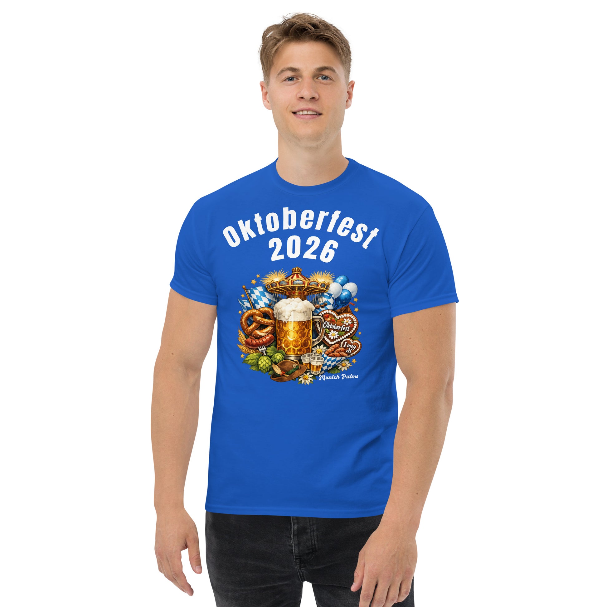 Klassisches Unisex-T-Shirt Oktoberfest 2026 München Edition in Royal mit Oktoberfest-Design, Vorderansicht, bequemes Baumwoll-T-Shirt