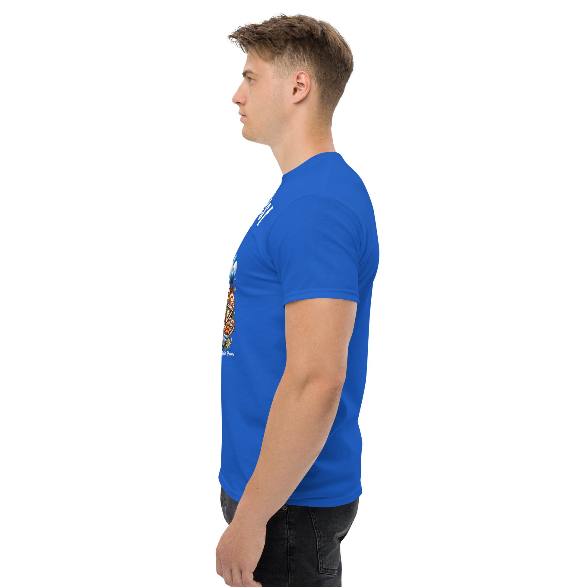 Klassisches Unisex-T-Shirt Oktoberfest 2026 München Edition, blaues Baumwoll-Shirt mit Oktoberfest-Design, vorne links sichtbar