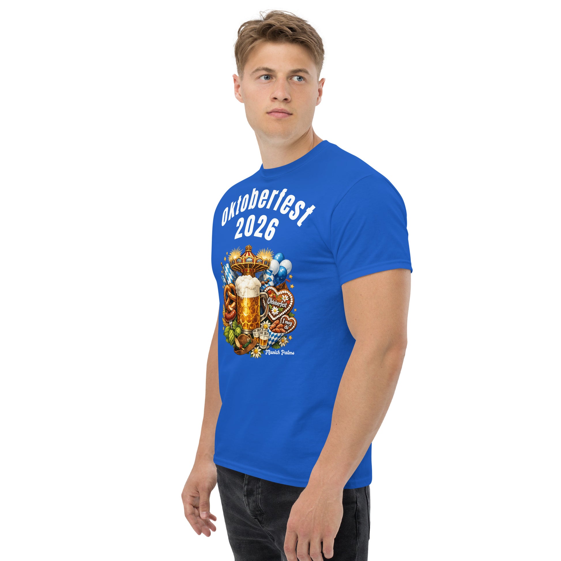Unisex-T-Shirt München Oktoberfest 2026 mit klassischem Design, vorderseitig in Royalblau, von Online Kaufhaus München