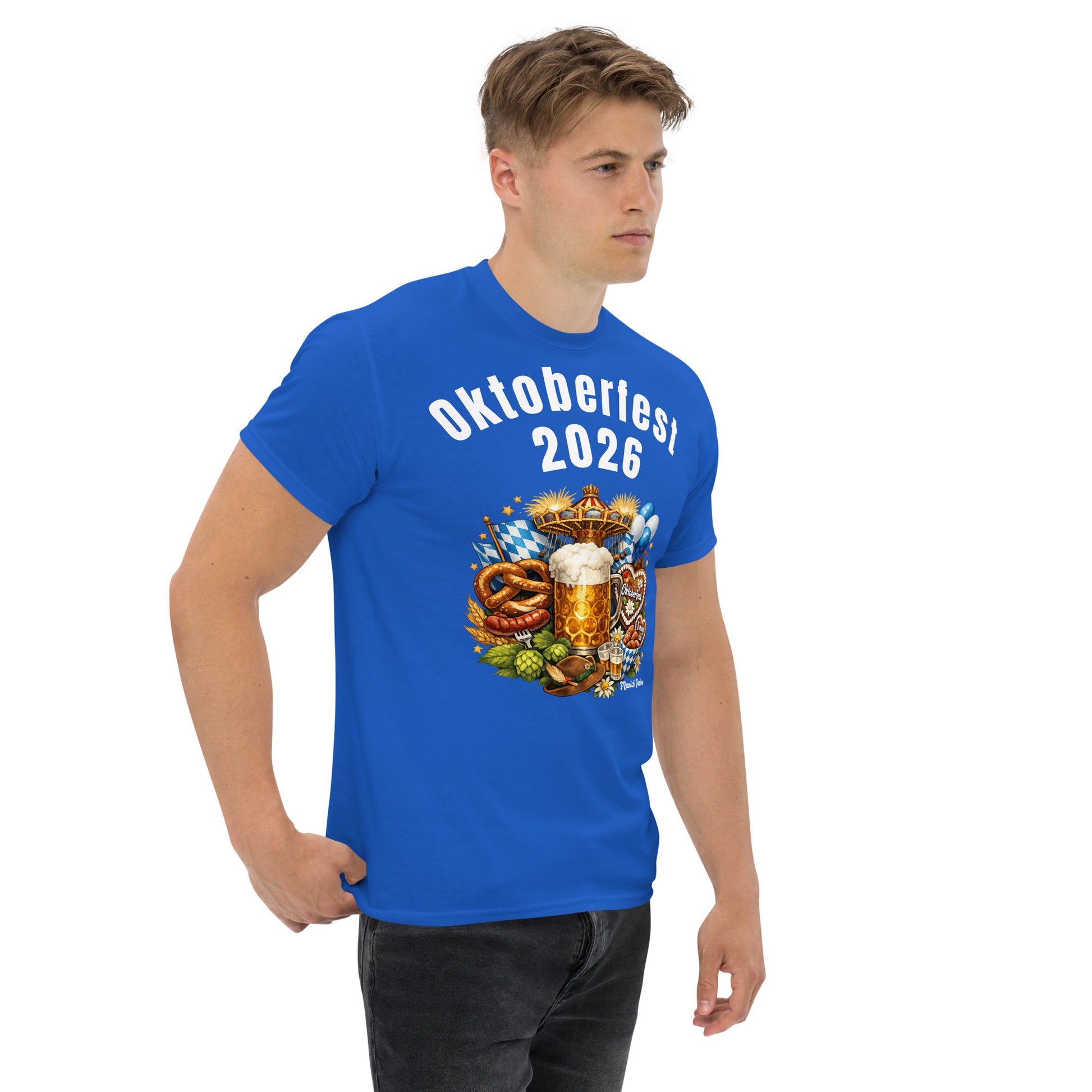 Klassisches Unisex-T-Shirt Oktoberfest 2026 München Edition, royalblau, rechte Frontansicht, bequemes Baumwollshirt.