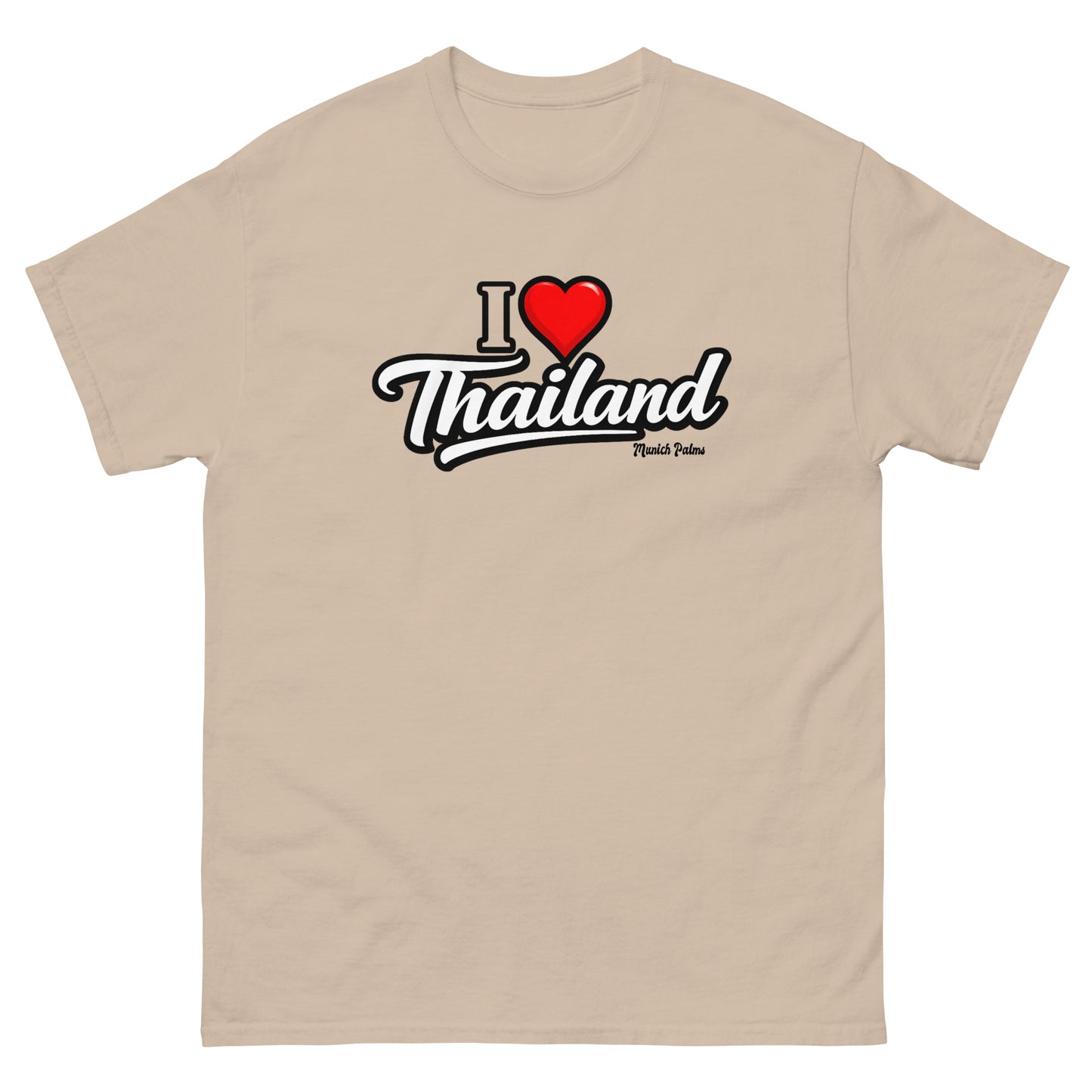 Unisex T-Shirt mit "I love Thailand" Druck, klassisches Design in Sandfarbe, bequemes T-Shirt von Online Kaufhaus München.