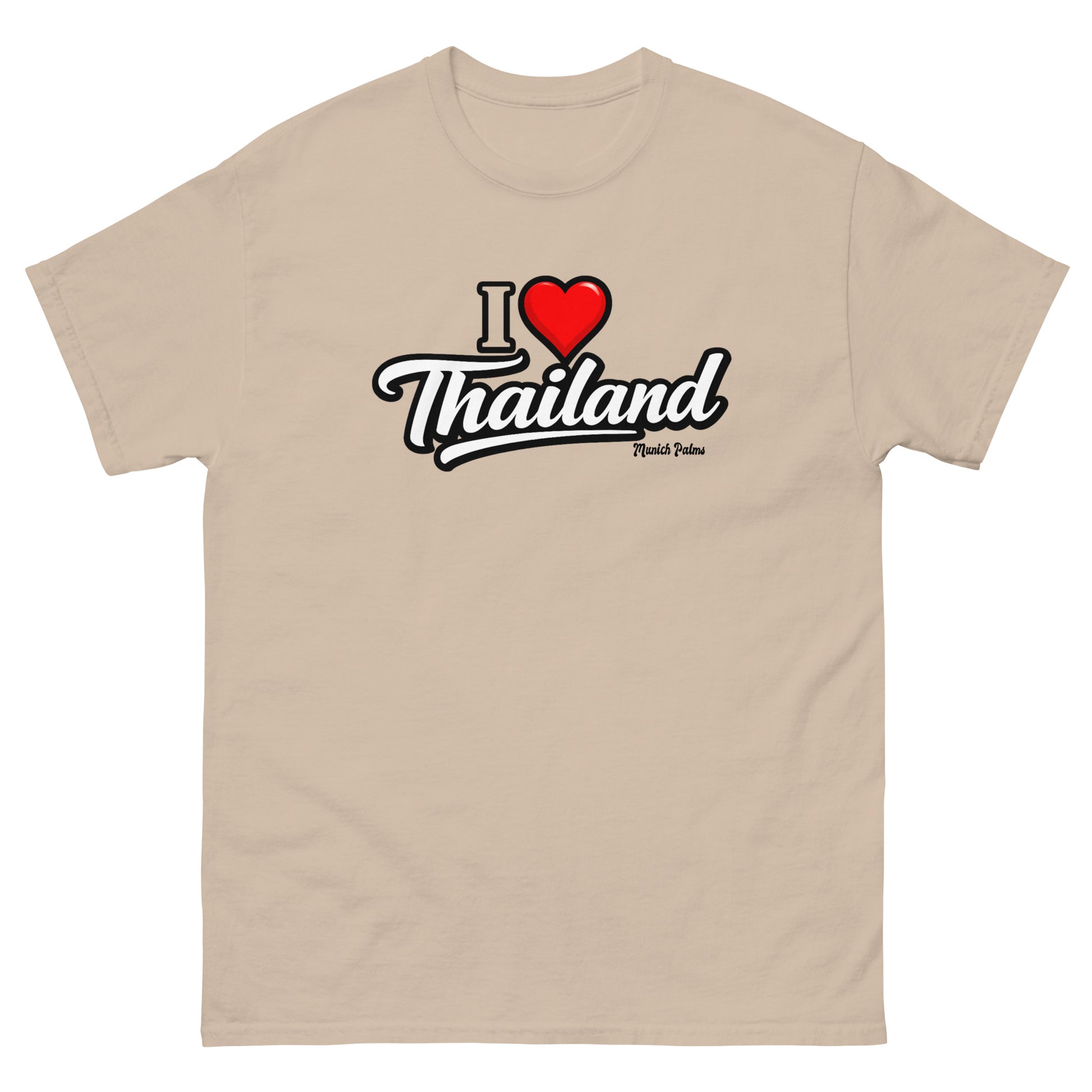 Unisex T-Shirt mit "I love Thailand" Druck, klassisches Design in Sandfarbe, bequemes T-Shirt von Online Kaufhaus München.