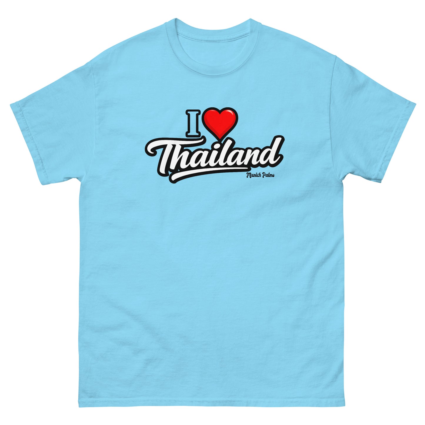Unisex T-Shirt mit "I love Thailand" Aufdruck, klassischer Schnitt, hellblaues Design, sichtbar im Vorderansicht.