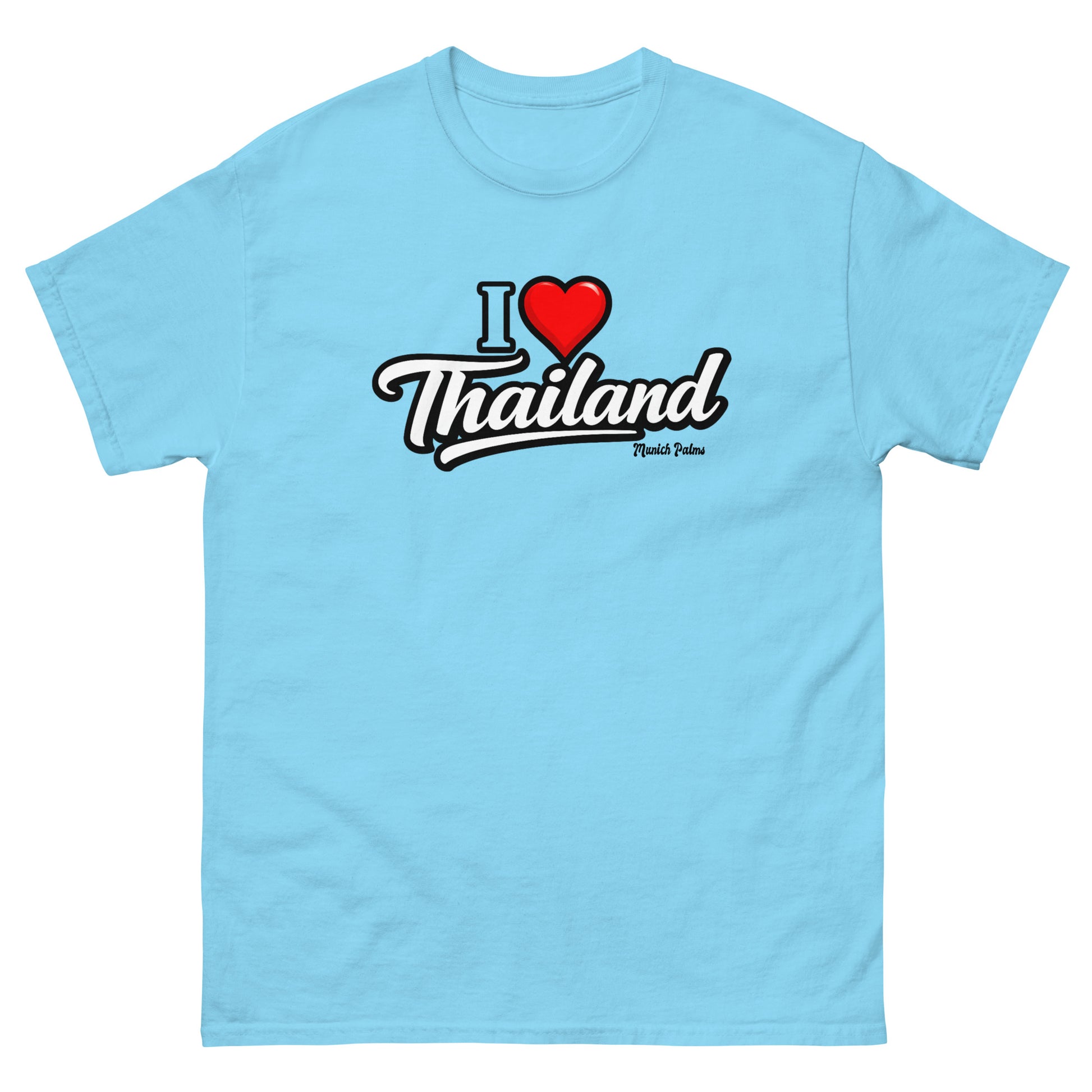 Unisex T-Shirt mit "I love Thailand" Aufdruck, klassischer Schnitt, hellblaues Design, sichtbar im Vorderansicht.