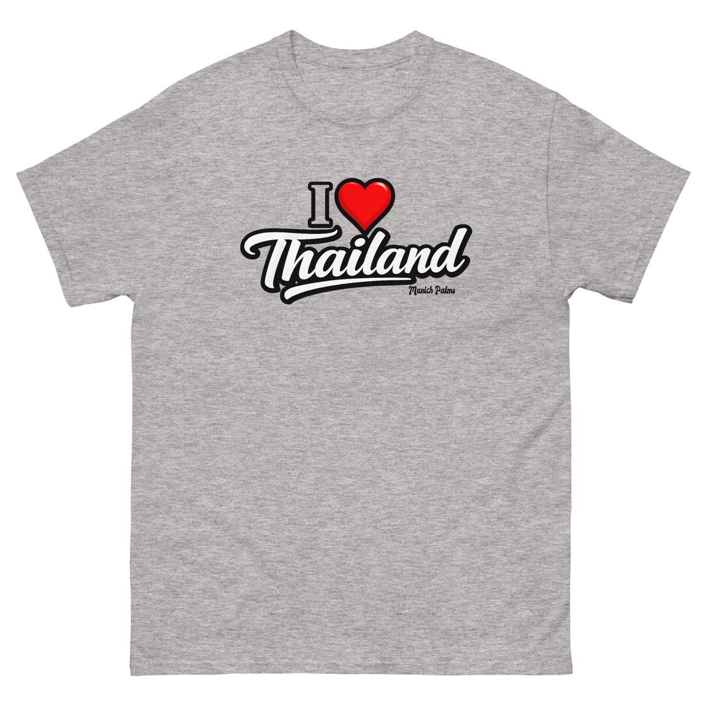 Unisex T-Shirt in Sport-Grau mit "I love Thailand" Schriftzug, klassisches Design, bequem und stylish, von Online Kaufhaus München.
