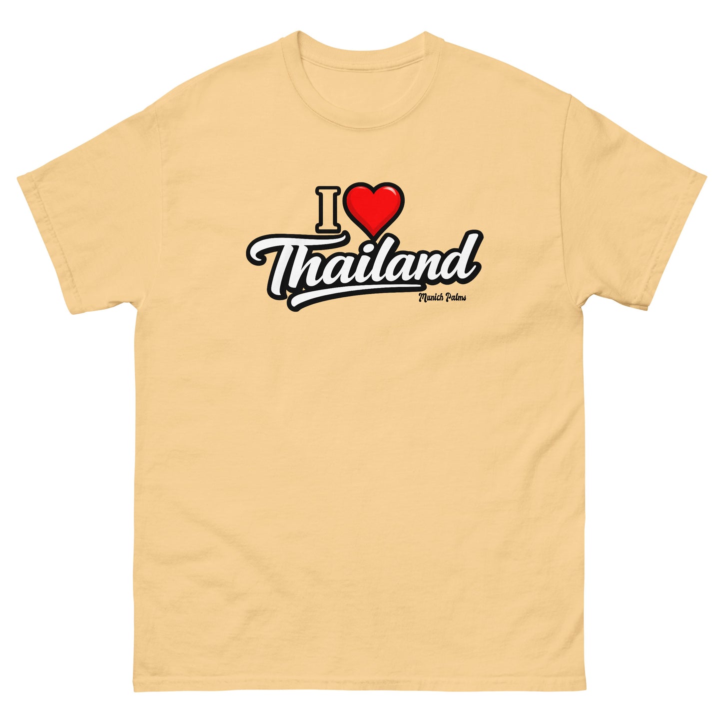 Gelbes Unisex T-Shirt mit "I love Thailand" Druck, klassisches Design, bequemes Baumwollshirt, Frontansicht.