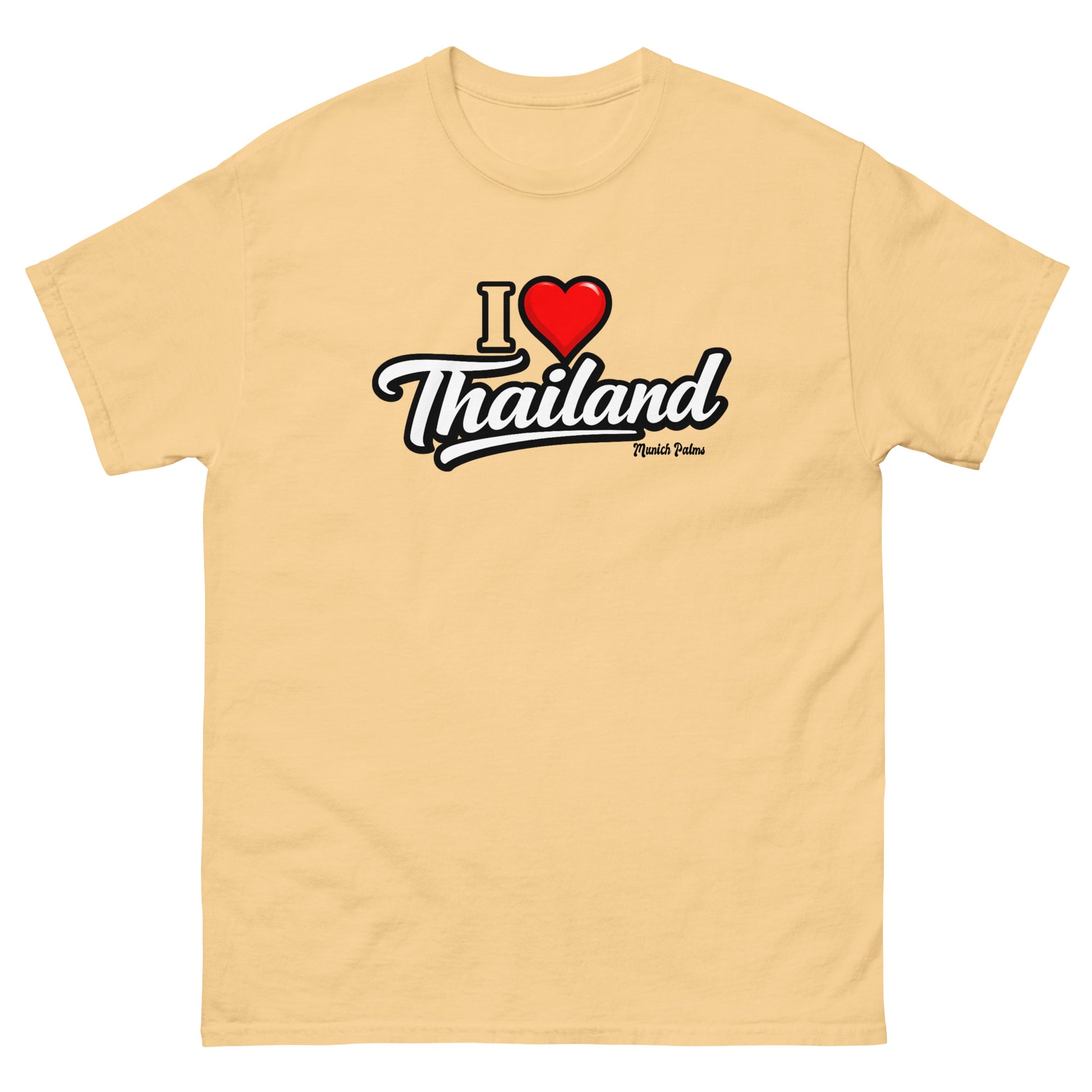 Gelbes Unisex T-Shirt mit "I love Thailand" Druck, klassisches Design, bequemes Baumwollshirt, Frontansicht.