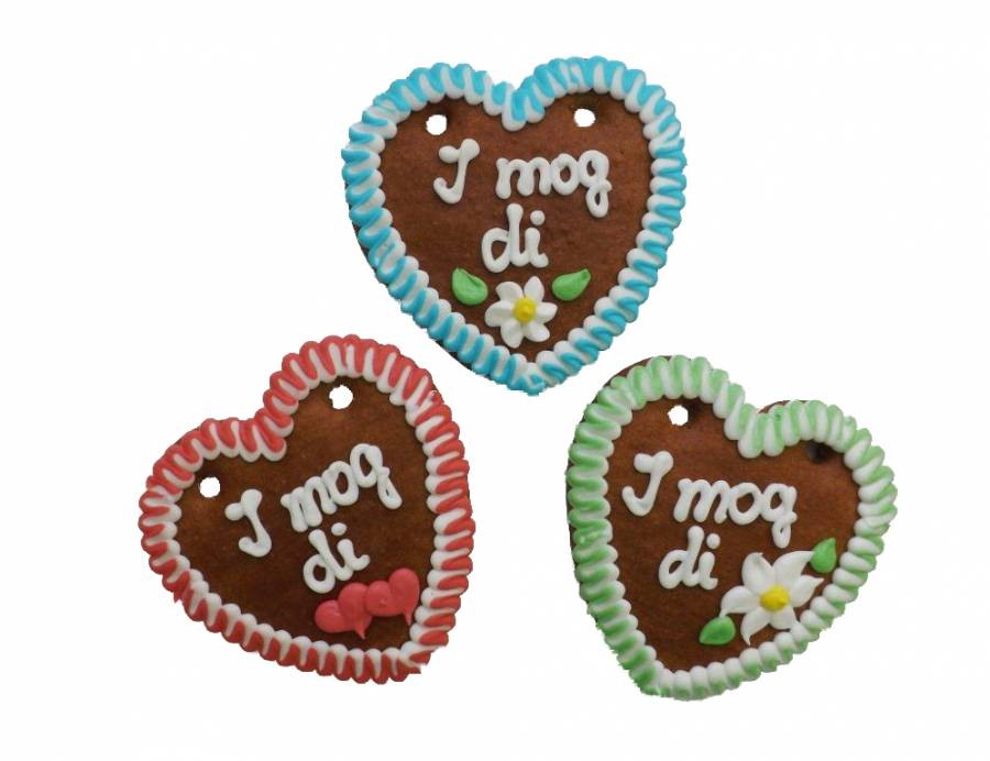 60 Lebkuchenherzen im Karton Spruch „I mog di“ 10 cm mit bunten zweifarbigen Rändern - Online Kaufhaus München