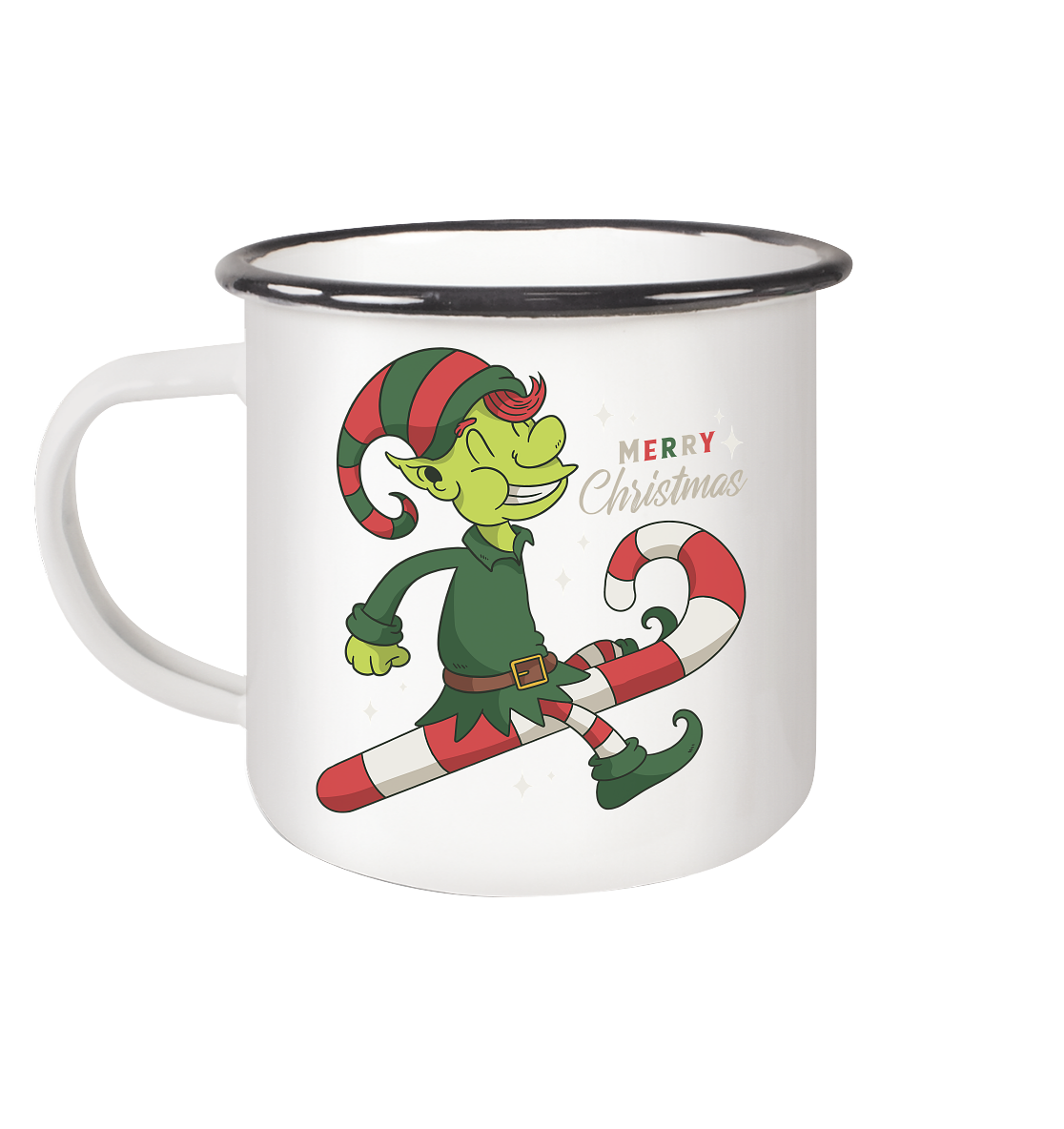 Christmas Design Cute Christmas Elf with Candy Cane Merry Christmas - Enamel Mug (Black)