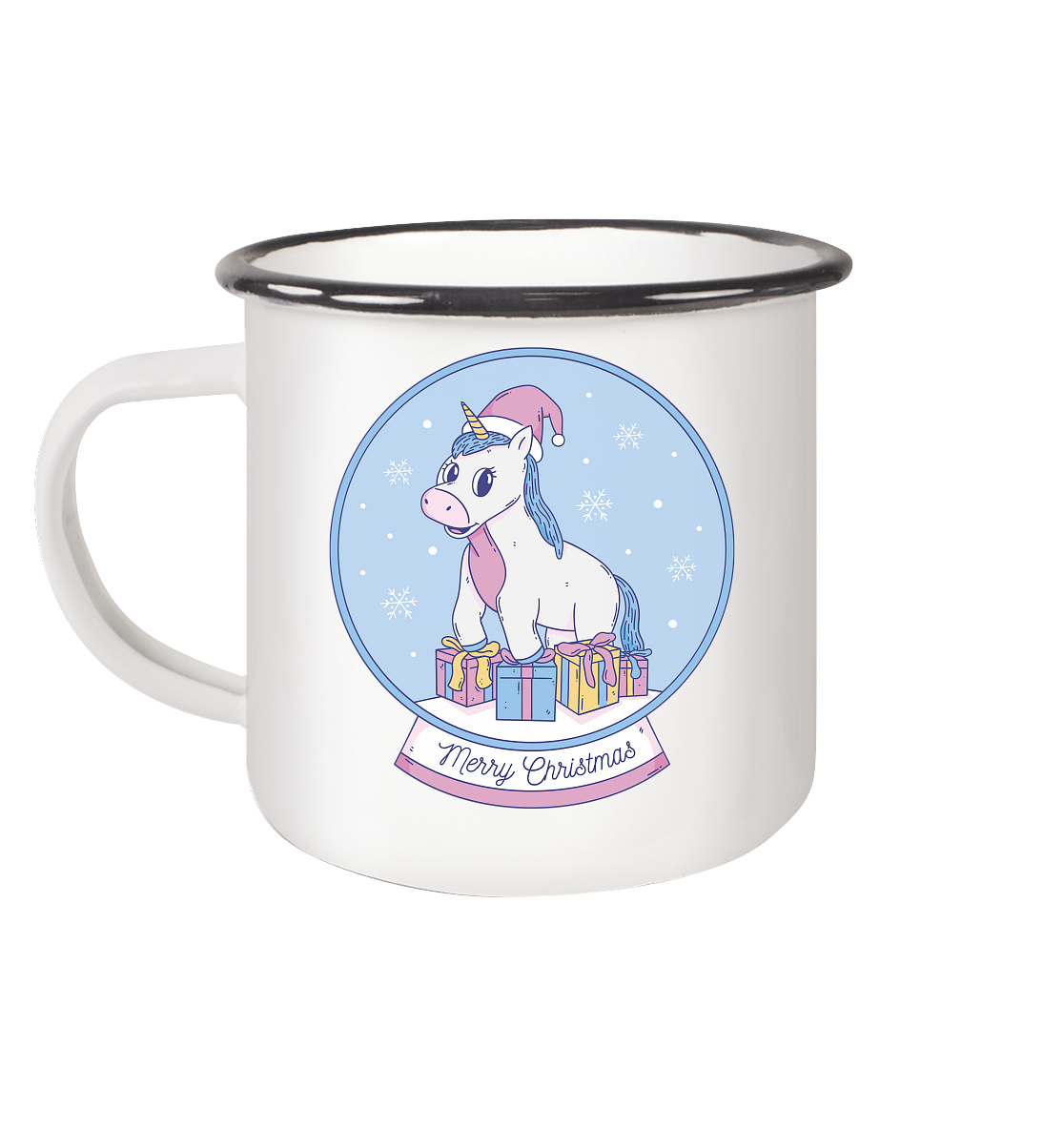 Christmas, Christmas Ball with Unicorn, Unicorn Merry Christmas - Enamel Mug (Black)