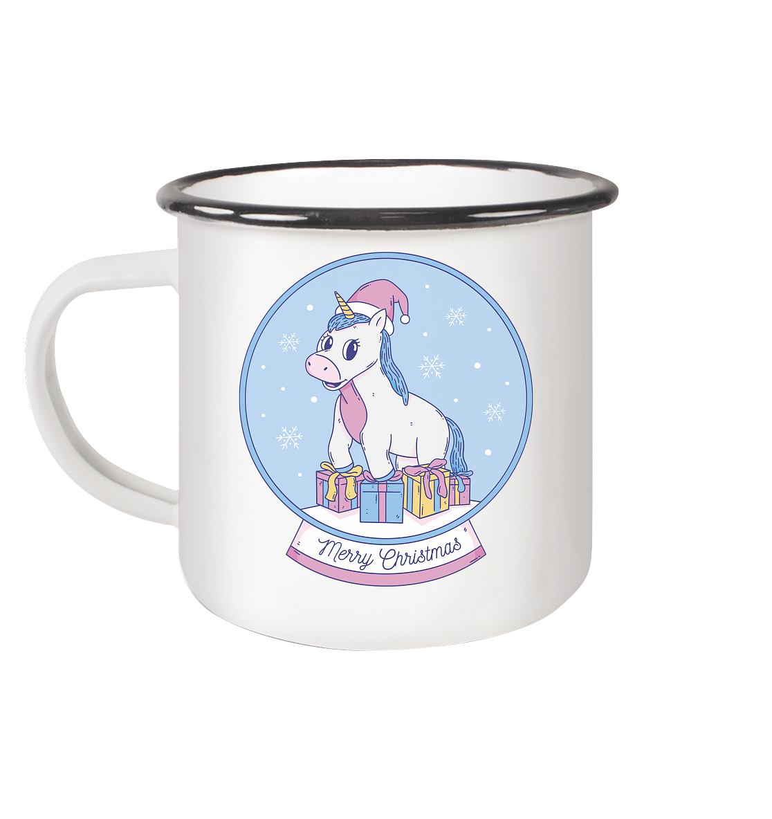 Weihnachten , Weihnachtskugel mit Einhorn , Unicorn Merry Christmas - Emaille Tasse (Black)