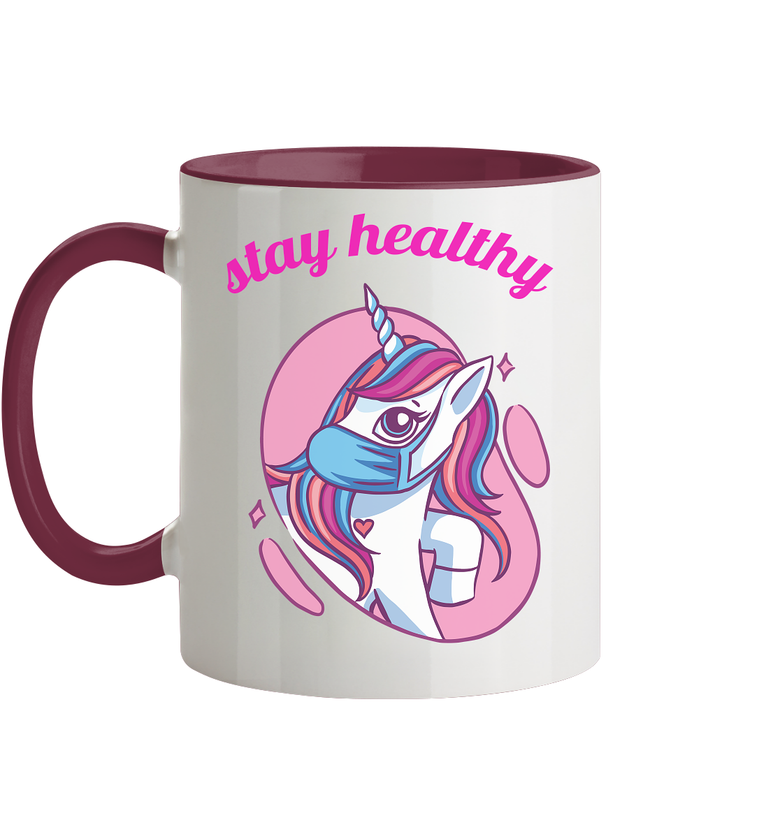 Tasse mit Motiv Einhorn mit Maske Stay Healthy - Tasse zweifarbig - Online Kaufhaus München