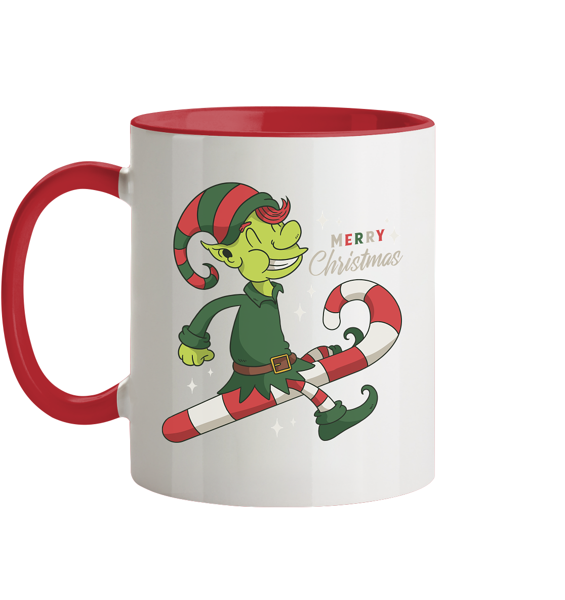 Weihnacht Design Netter Weihnachtself  mit Zuckerstange Merry Christmas - Tasse zweifarbig