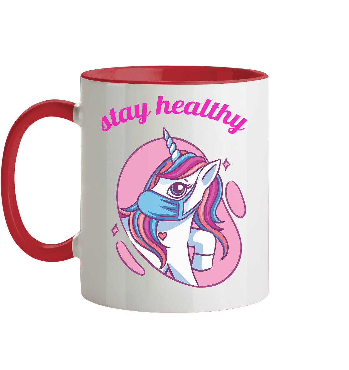 Tasse mit Motiv Einhorn mit Maske Stay Healthy - Tasse zweifarbig - Online Kaufhaus München