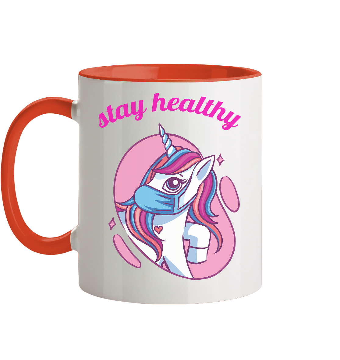 Tasse mit Motiv Einhorn mit Maske Stay Healthy - Tasse zweifarbig - Online Kaufhaus München