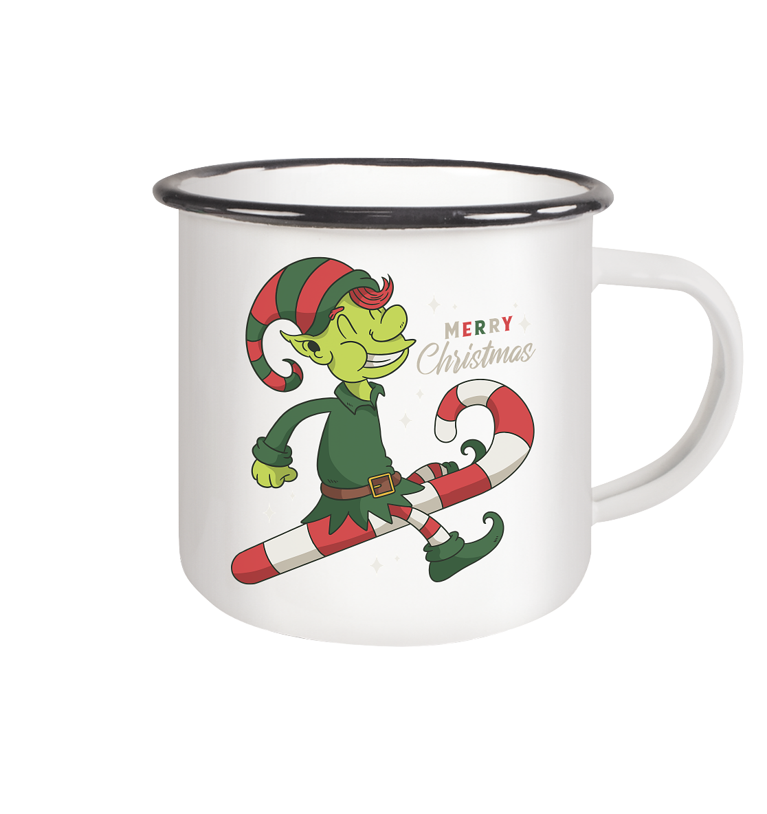 Christmas Design Cute Christmas Elf with Candy Cane Merry Christmas - Enamel Mug (Black)