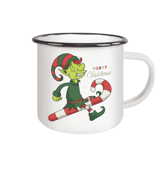 Weihnacht Design Netter Weihnachtself  mit Zuckerstange Merry Christmas - Emaille Tasse (Black)