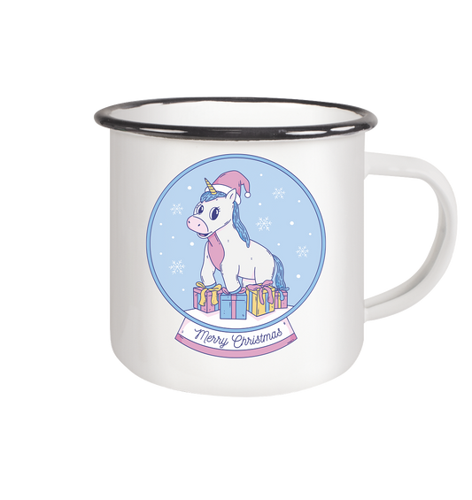 Christmas, Christmas Ball with Unicorn, Unicorn Merry Christmas - Enamel Mug (Black)