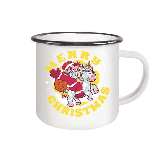 Santa Claus Riding on a Unicorn, Santa Claus Unicorn, Merry Christmas - Enamel Mug (Black)