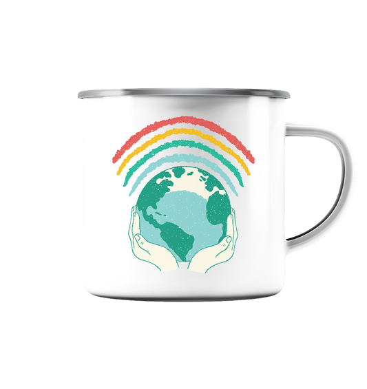 Regenbogen mit Weltkugel in Händen    - Emaille Tasse