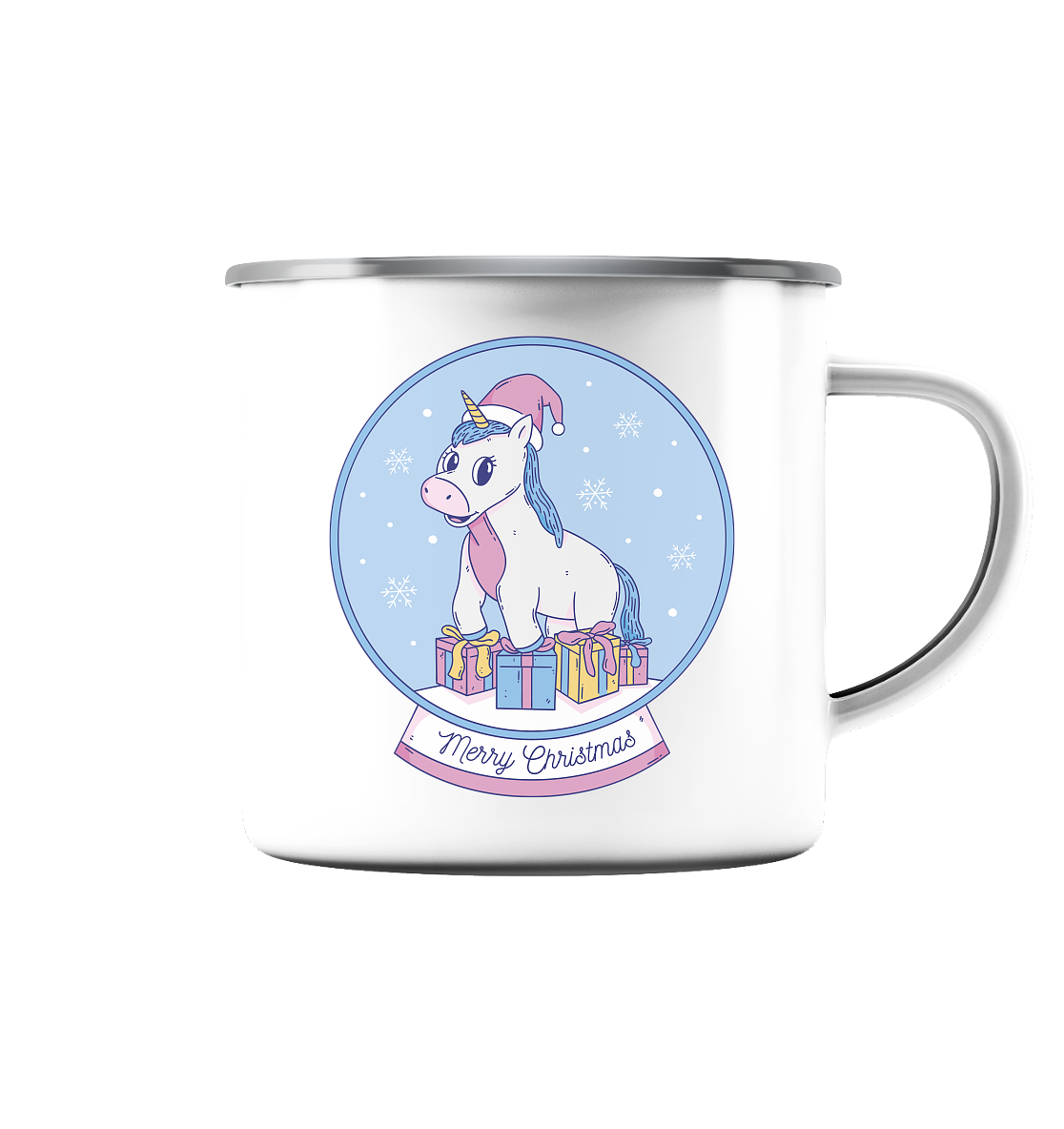 Weihnachten , Weihnachtskugel mit Einhorn , Unicorn Merry Christmas - Emaille Tasse (Silber)