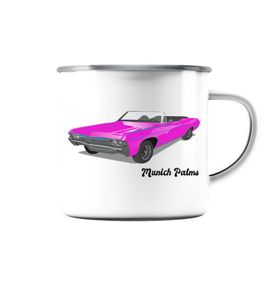 Pink Retro Classic Car Vintage Car, Car, Convertible by Munich Palms - Enamel Cup (Silver)