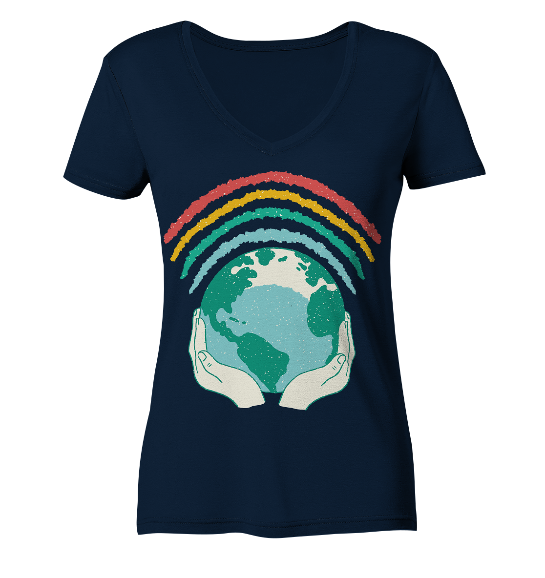 Regenbogen mit Weltkugel in Händen    - Ladies Organic V-Neck Shirt