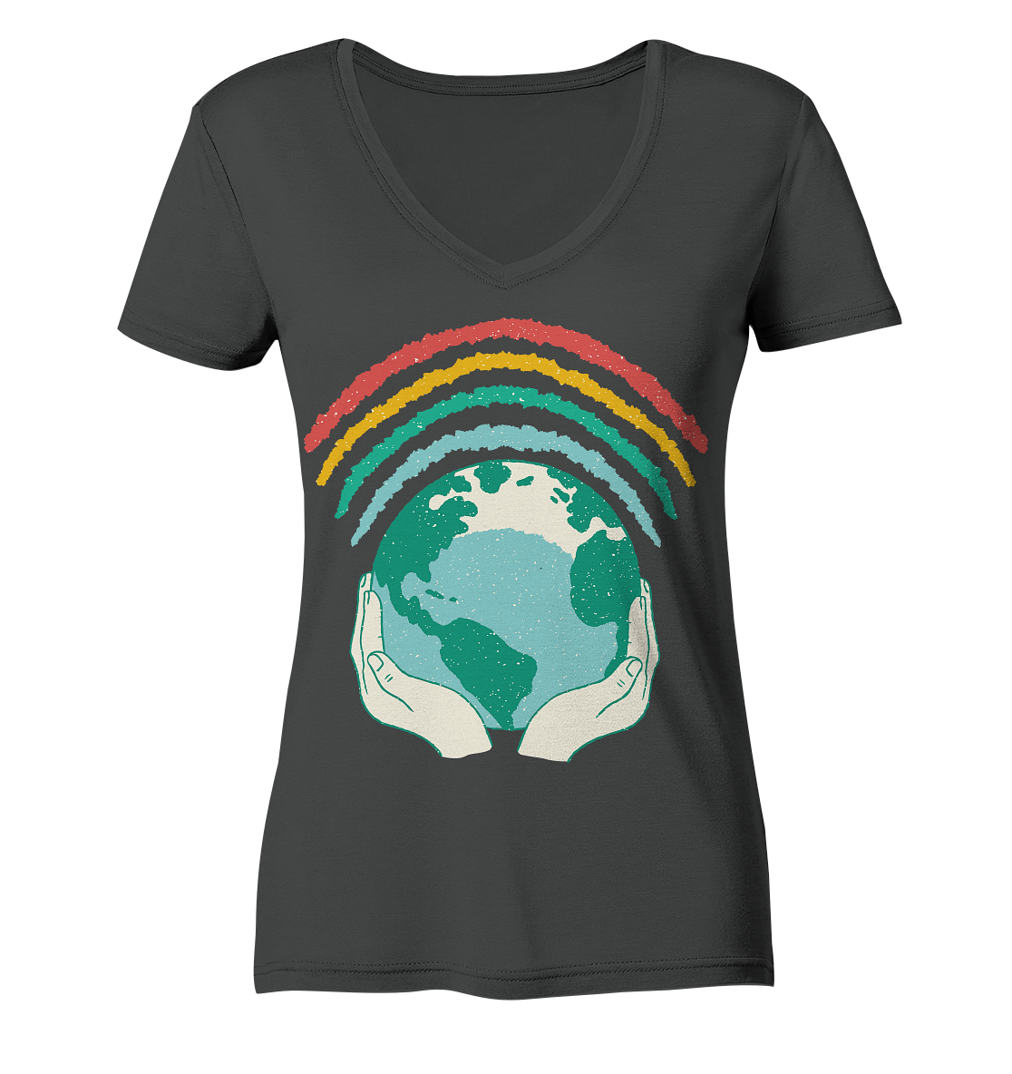 Regenbogen mit Weltkugel in Händen    - Ladies Organic V-Neck Shirt