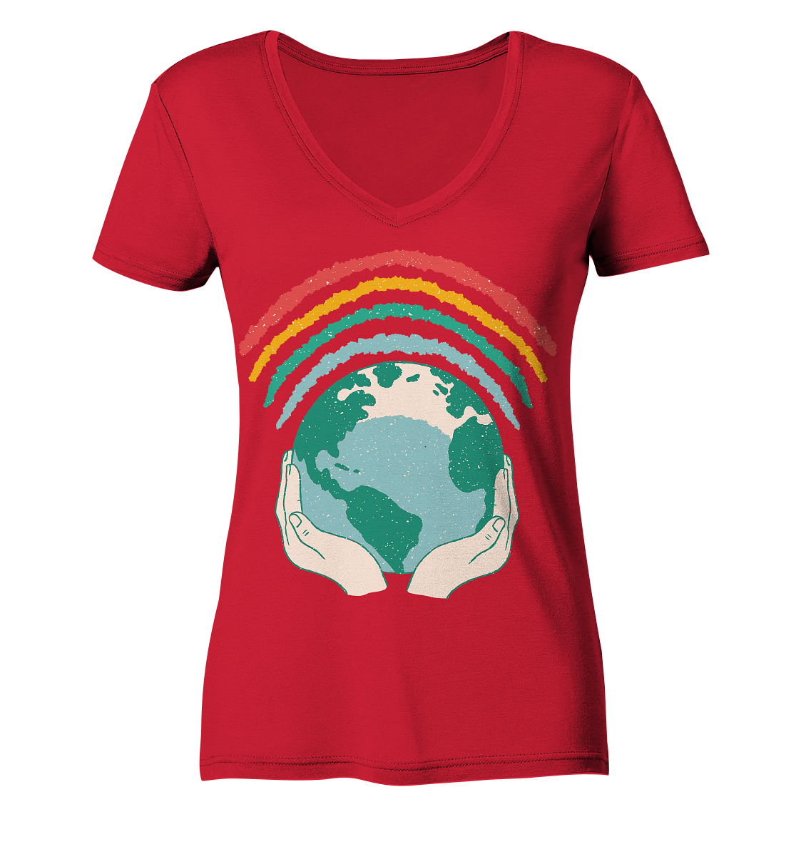 Arc-en-ciel avec globe dans les mains - Chemise bio col en V pour femme