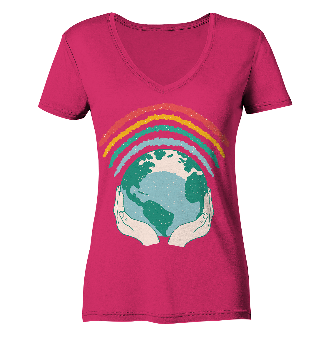Regenbogen mit Weltkugel in Händen    - Ladies Organic V-Neck Shirt