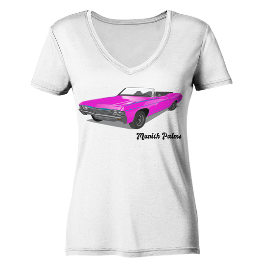 Pink Retro Classic Car Oldtimer, Car, Convertible by Munich Palms - Ladies Organic V-Neck Shirt