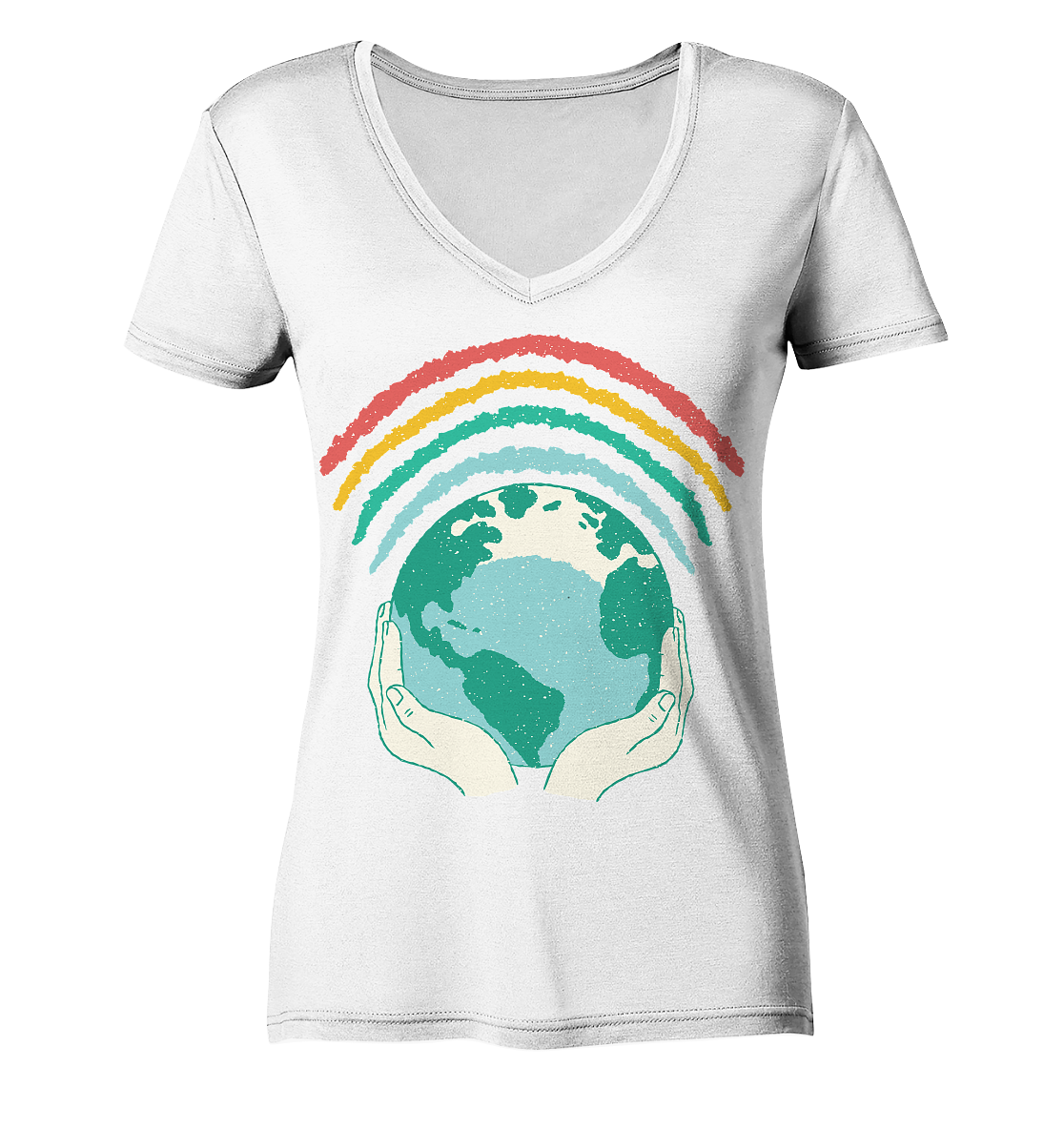 Regenbogen mit Weltkugel in Händen    - Ladies Organic V-Neck Shirt