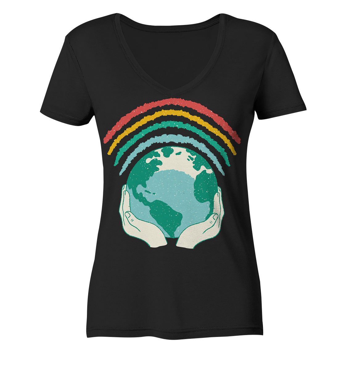 Regenbogen mit Weltkugel in Händen    - Ladies V-Neck Shirt