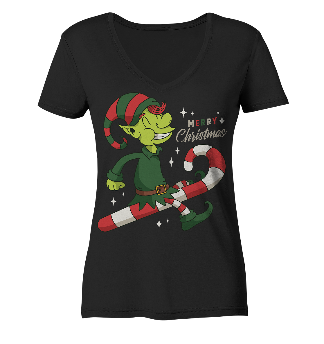Weihnacht Design Netter Weihnachtself  mit Zuckerstange Merry Christmas - Ladies V-Neck Shirt