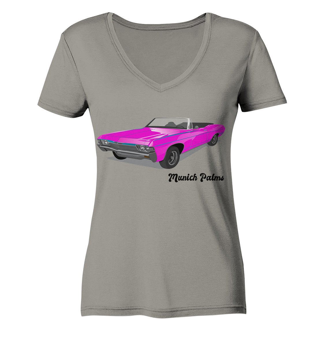 Pink Retro Classic Car Oldtimer, Car, Convertible by Munich Palms - Ladies V-Neck Shirt