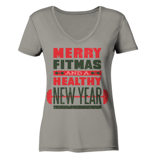 Christmas design, Gym, Merry Fitmas and a Healthy New Year - Ladies V-Neck Shirt