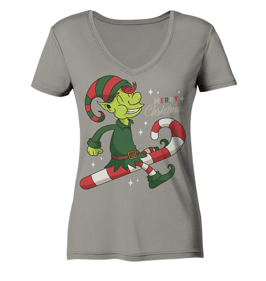 Christmas Design Cute Christmas Elf with Candy Cane Merry Christmas - Ladies V-Neck Shirt