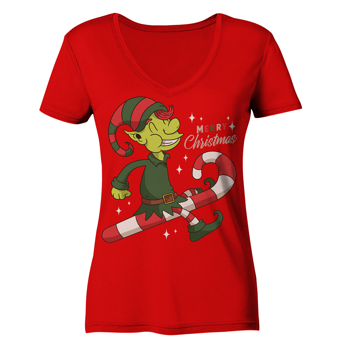 Weihnacht Design Netter Weihnachtself  mit Zuckerstange Merry Christmas - Ladies V-Neck Shirt