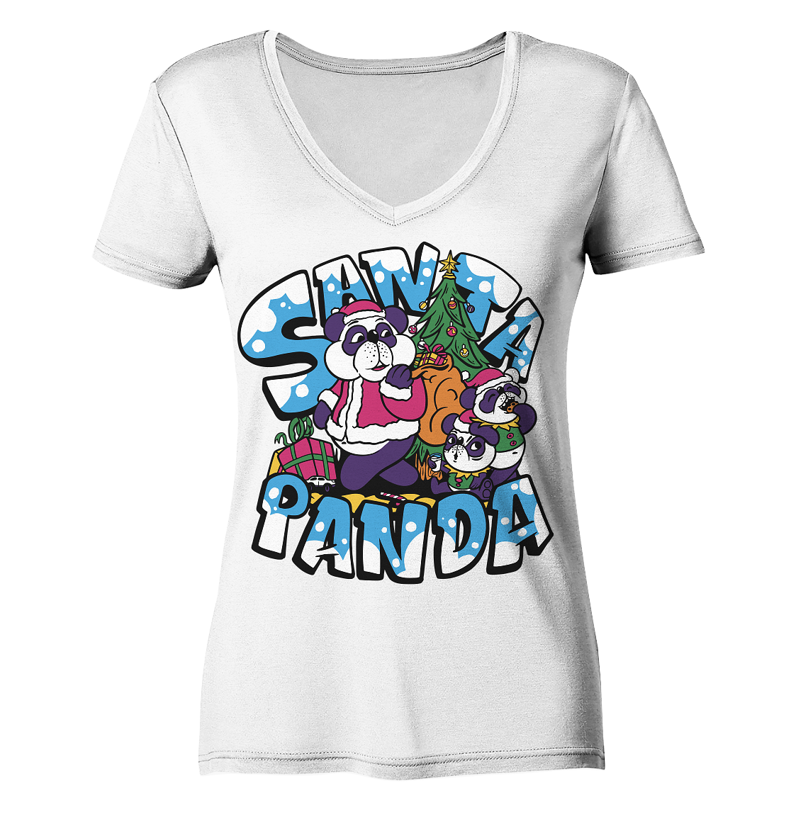 Christmas, Santa Panda, Santa Claus Panda, Merry Christmas - Ladies V-Neck Shirt