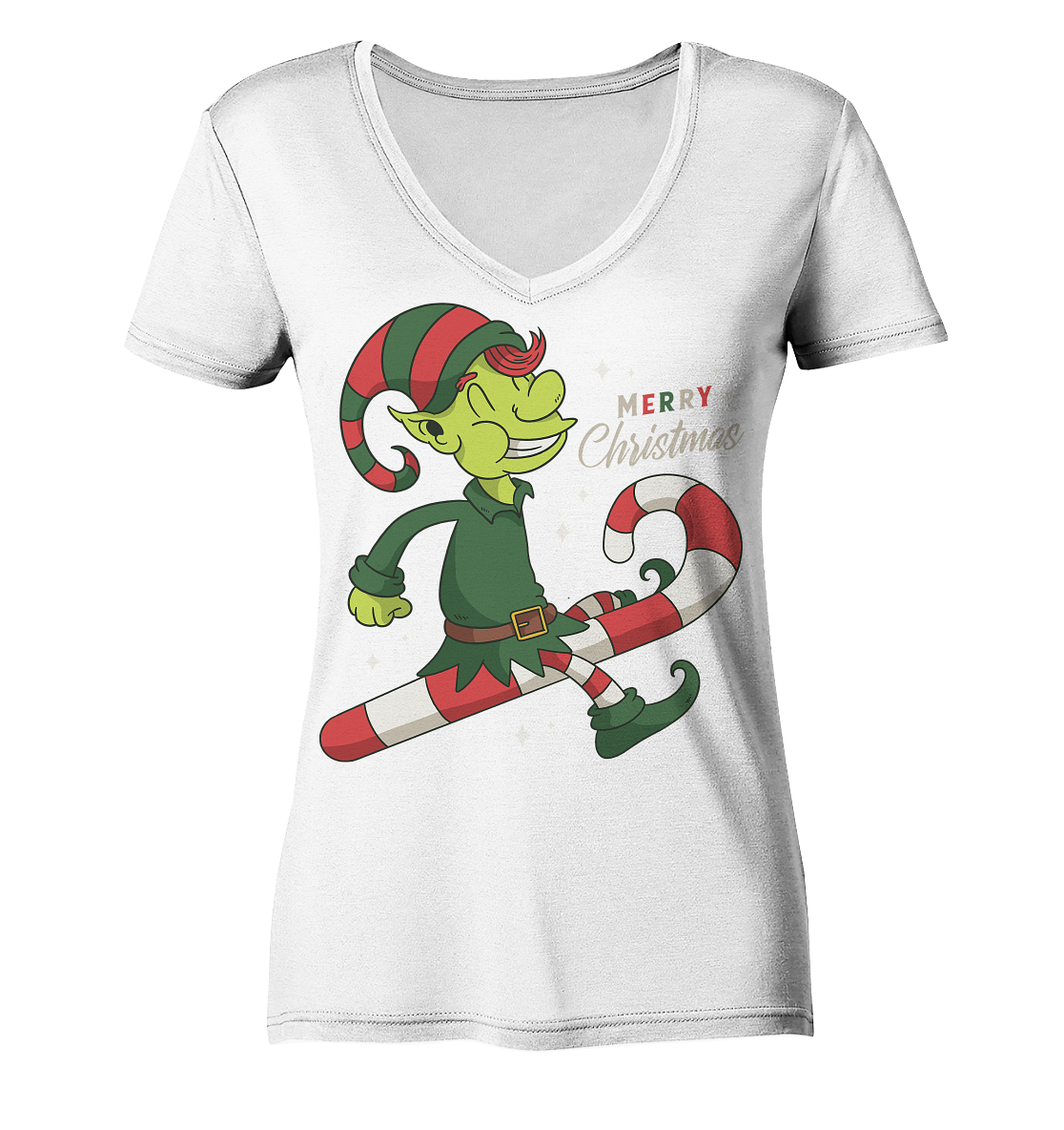 Weihnacht Design Netter Weihnachtself  mit Zuckerstange Merry Christmas - Ladies V-Neck Shirt