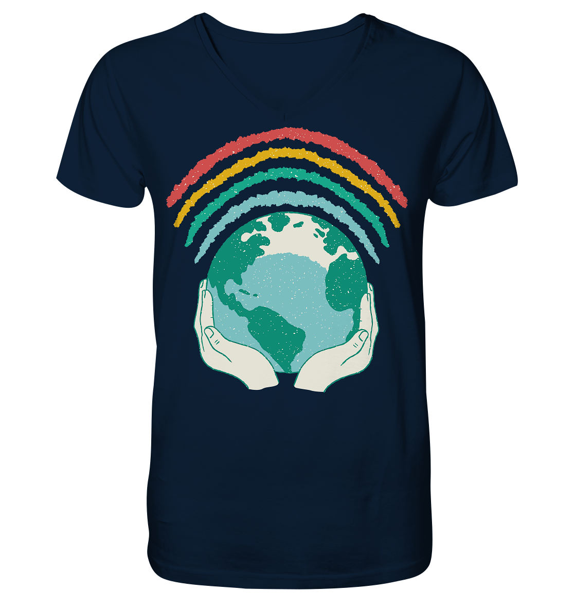 Regenbogen mit Weltkugel in Händen    - Mens Organic V-Neck Shirt