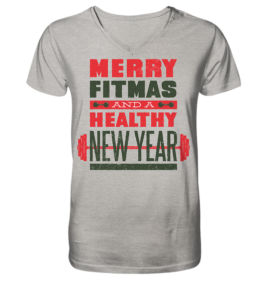 Christmas Design, Gym, Merry Fitmas and a Healthy New Year - Mens Organic V-Neck Shirt