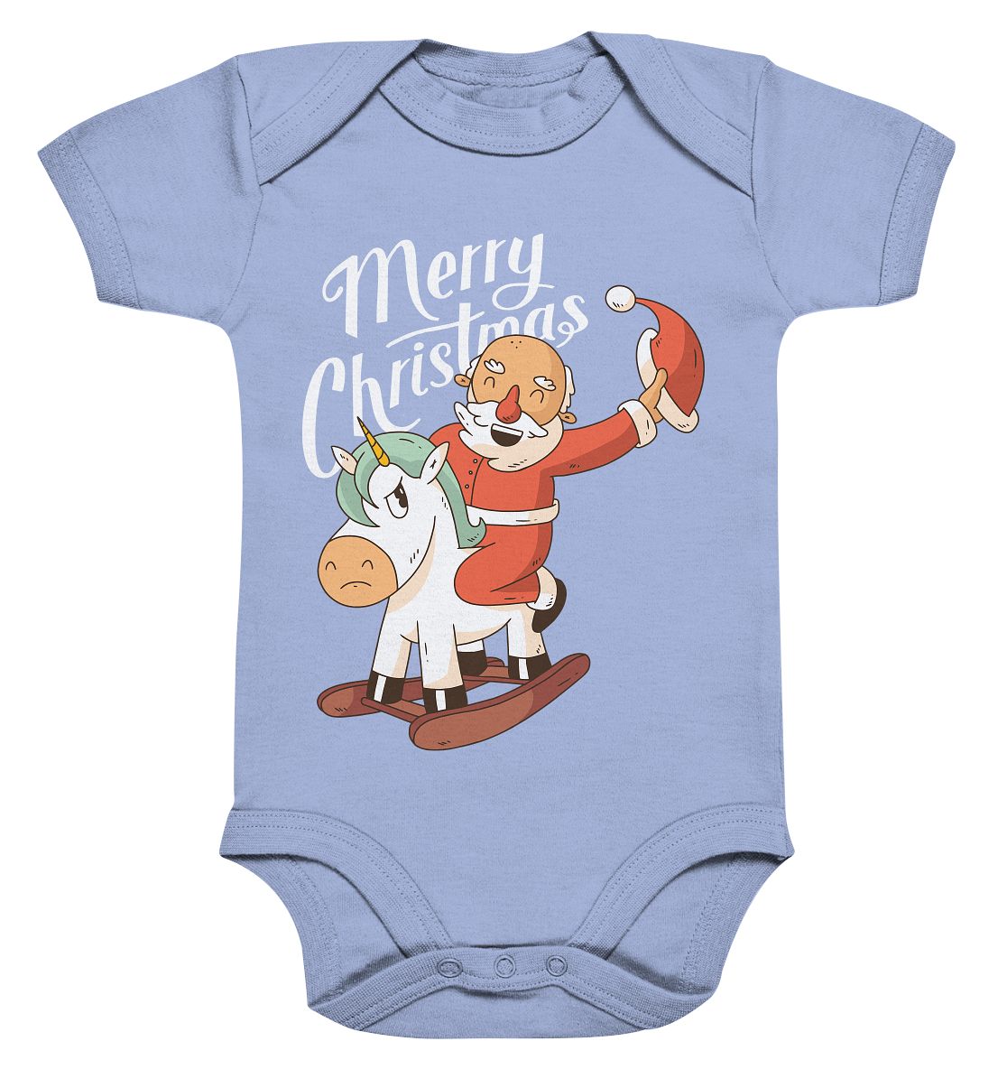 Christmas Santa Claus on the rocking horse Merry Christmas - Organic Baby Bodysuite