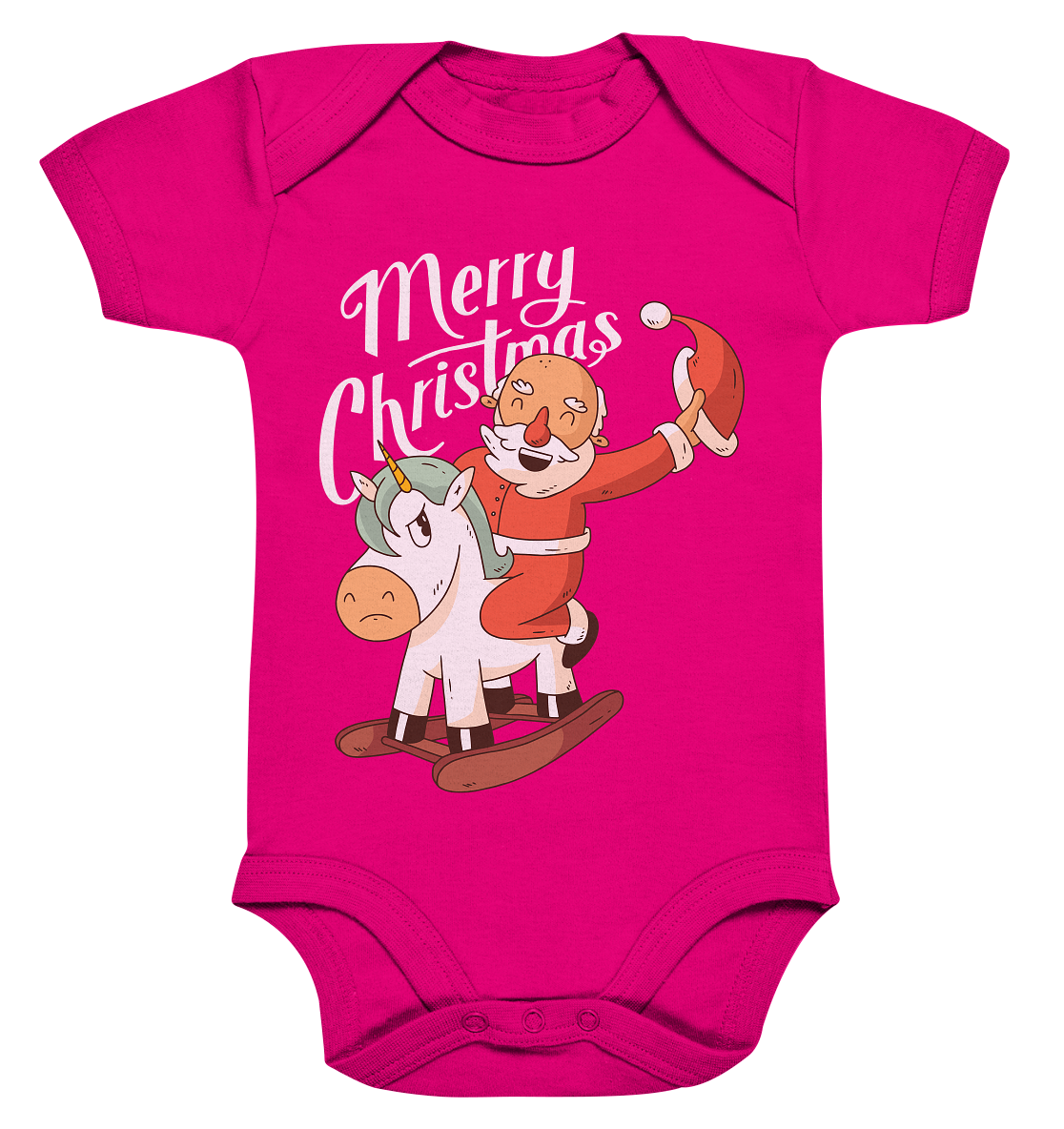 Christmas Santa Claus on the rocking horse Merry Christmas - Organic Baby Bodysuite
